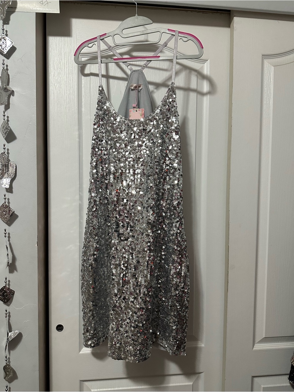 Girls' Silver Sequin Party Dress with Spaghetti Straps